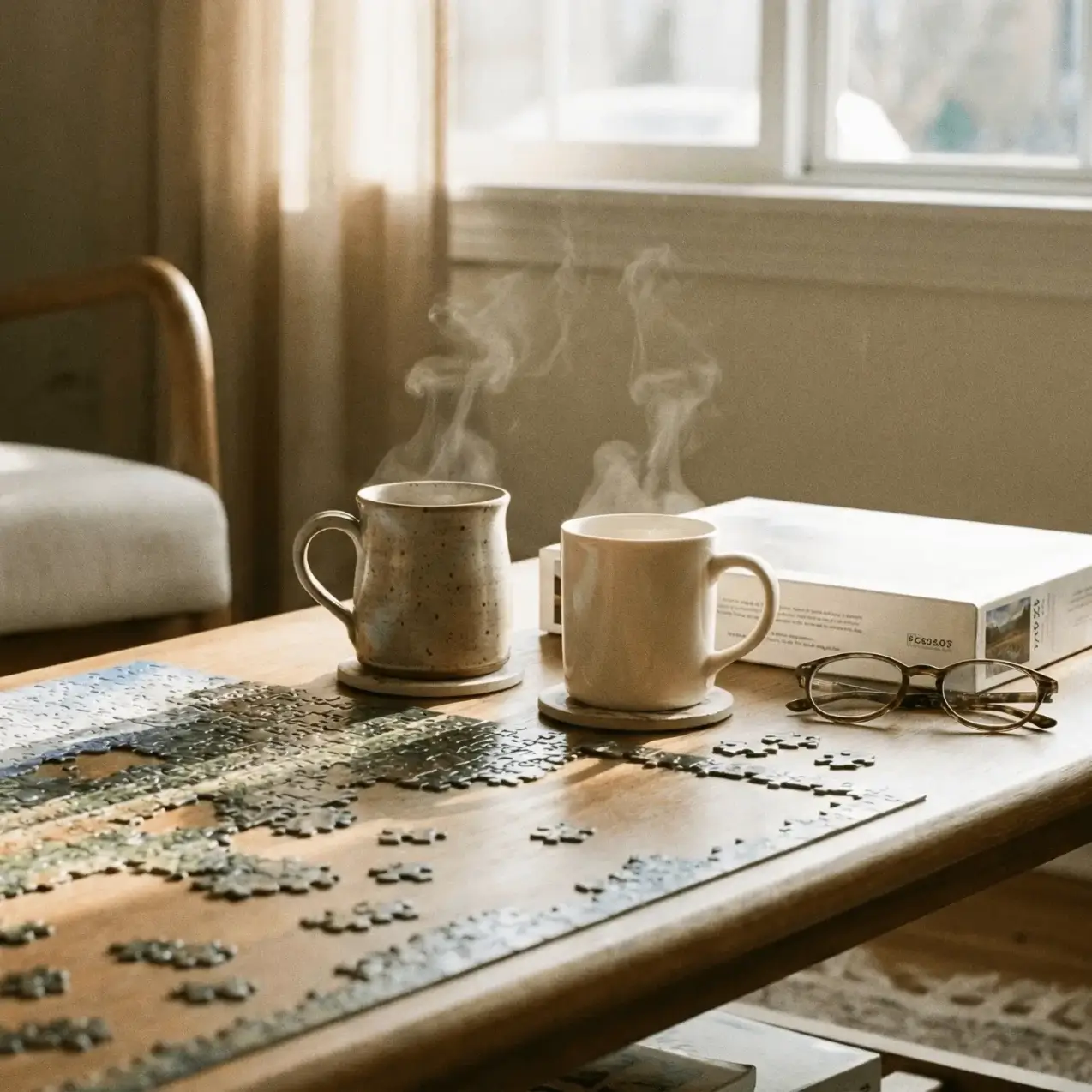 A cozy table with a puzzle, two steaming coffee mugs and reading glasses
